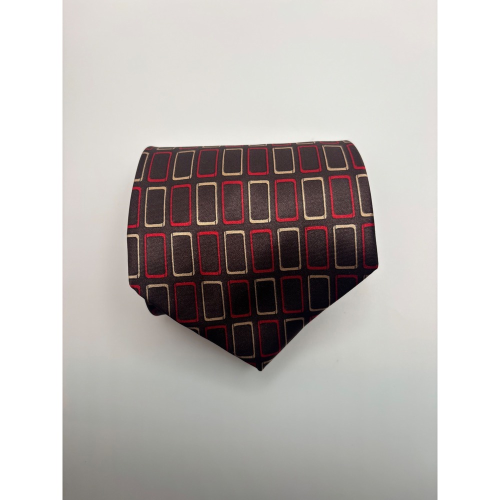 Protocol Mens Necktie Brown Red Tan Geometric Rectangle Pattern Hand Sewn Tie
